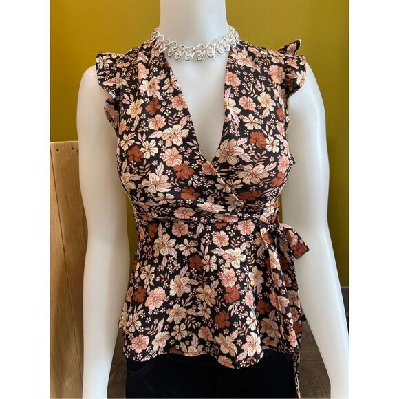 Monteau Los Angles Peplum Top Womens Small Brown Fall Floral Faux Wrap Vneck - Picture 2 of 8